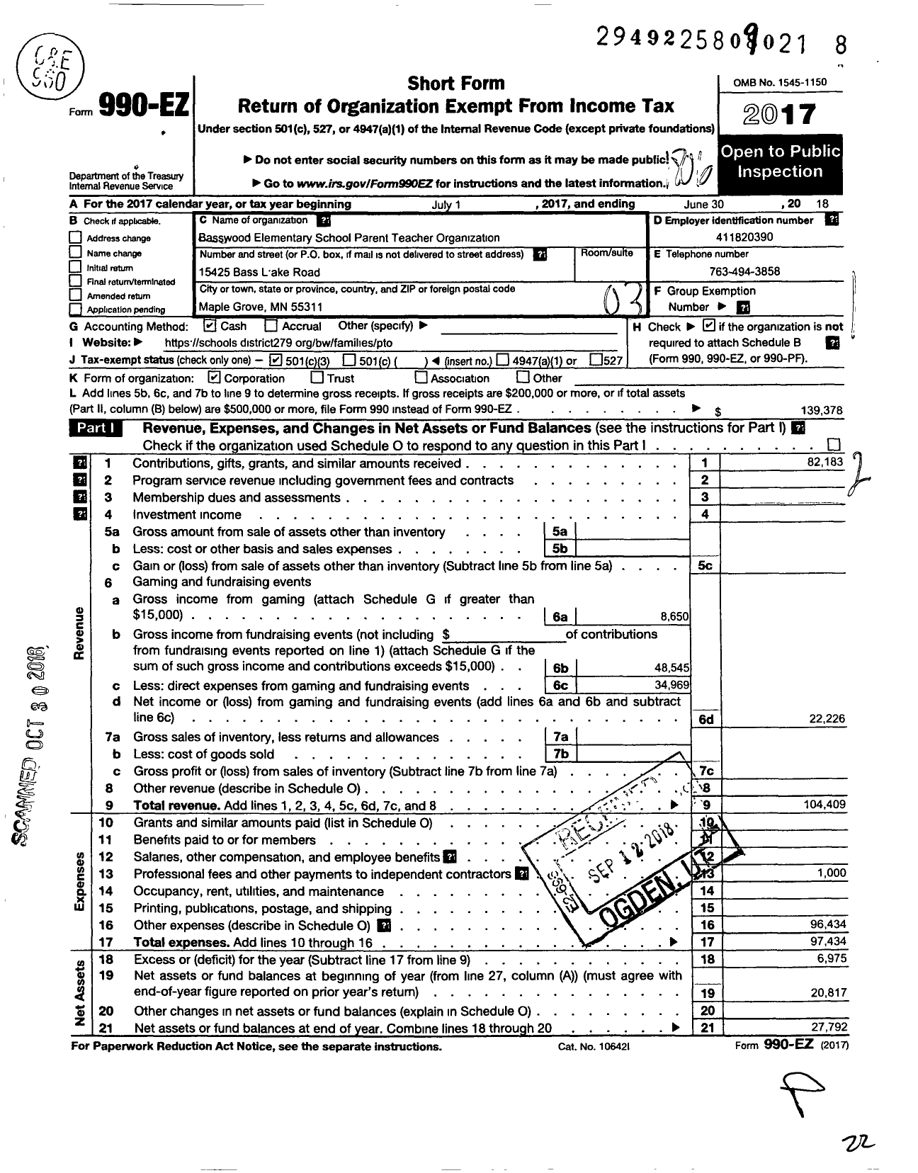 Image of first page of 2017 Form 990EZ for Basswood Elementary School PTO