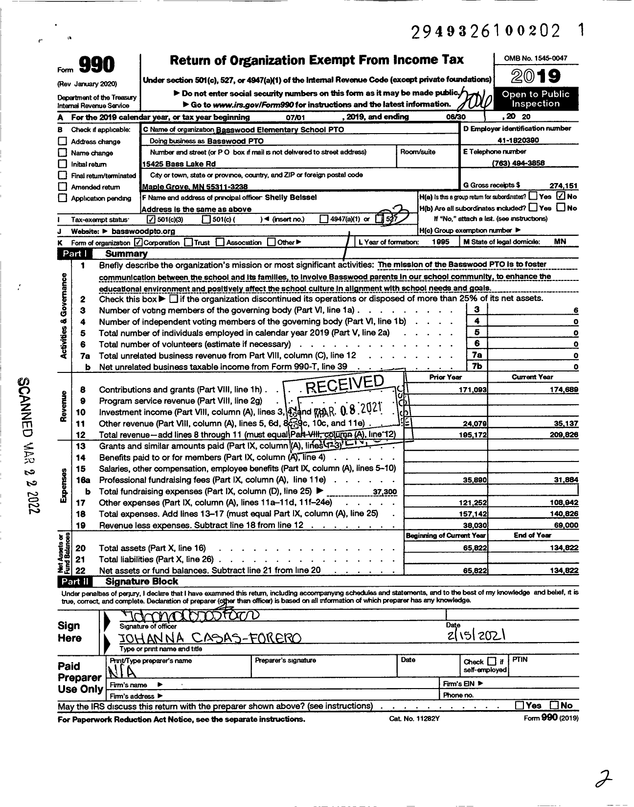 Image of first page of 2019 Form 990 for Basswood Elementary School PTO