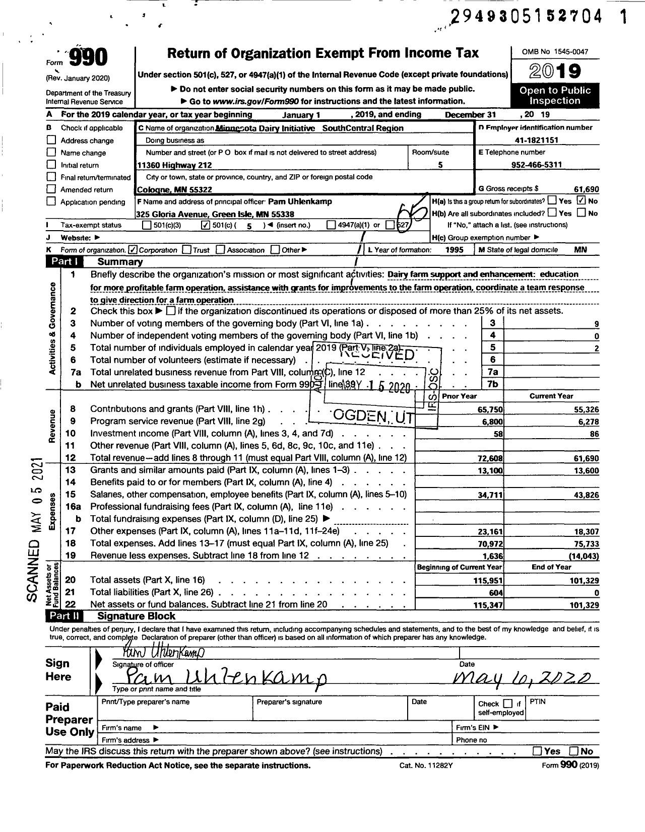 Image of first page of 2019 Form 990O for Minnesota Dairy Initiative Southcentral Region