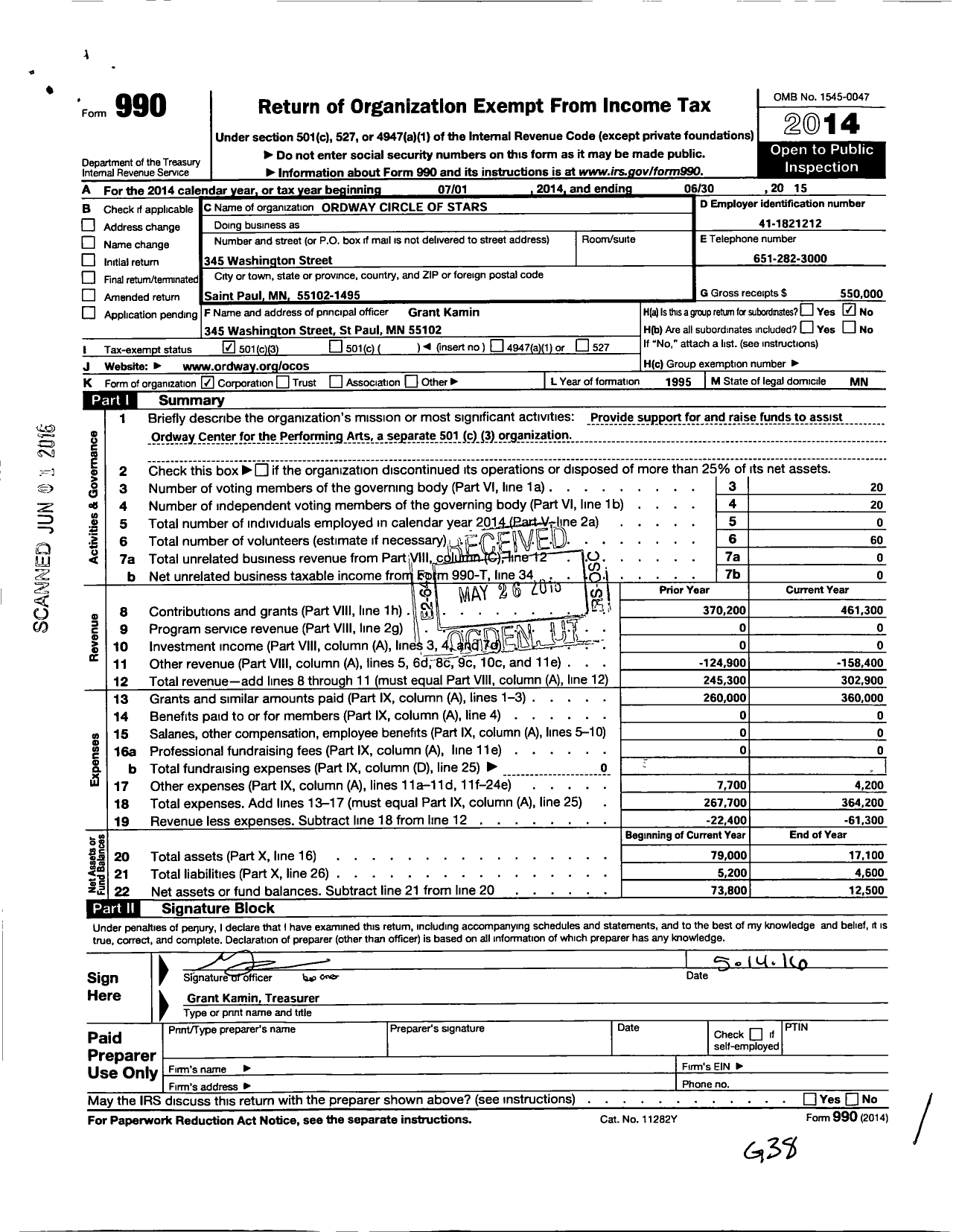 Image of first page of 2014 Form 990 for Ordway Circle of Stars