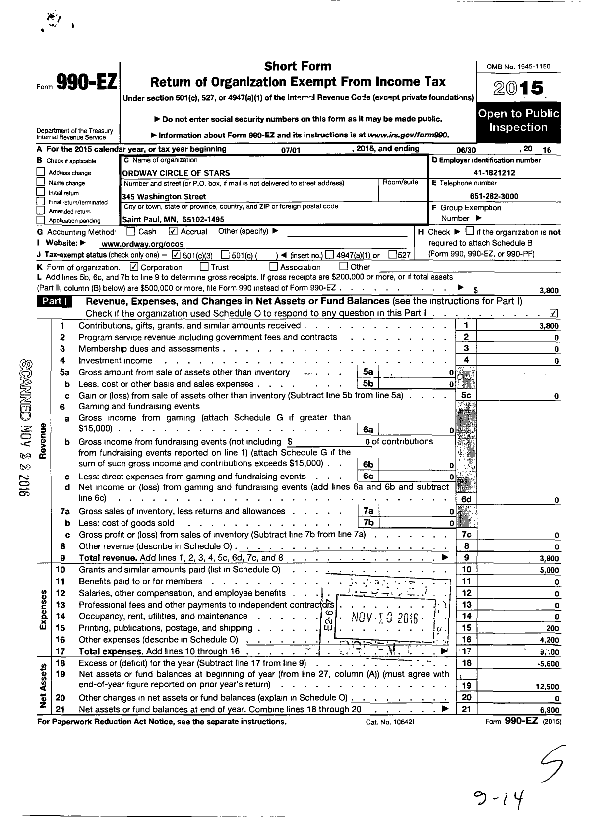 Image of first page of 2015 Form 990EZ for Ordway Circle of Stars