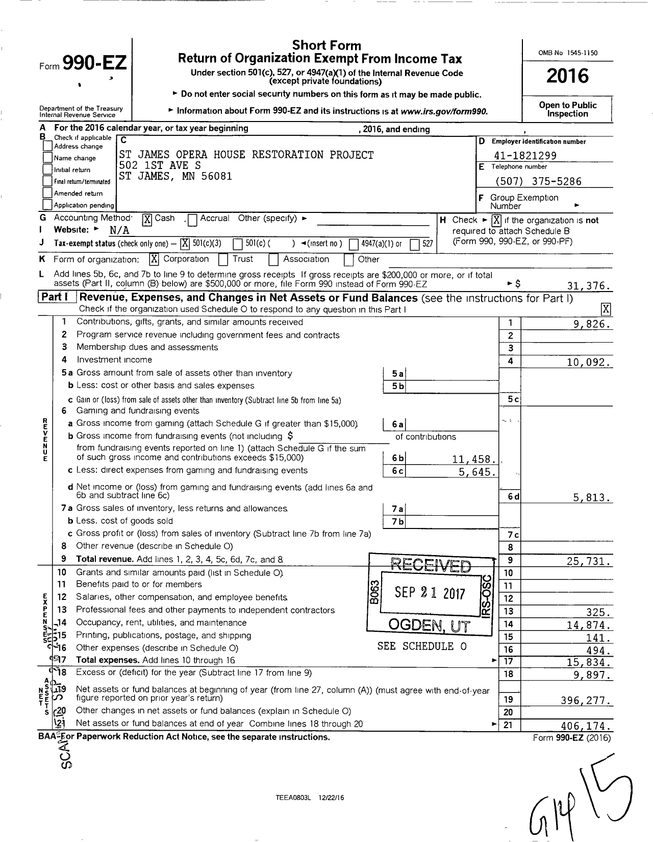 Image of first page of 2016 Form 990EZ for St James Opera House Restoration Project