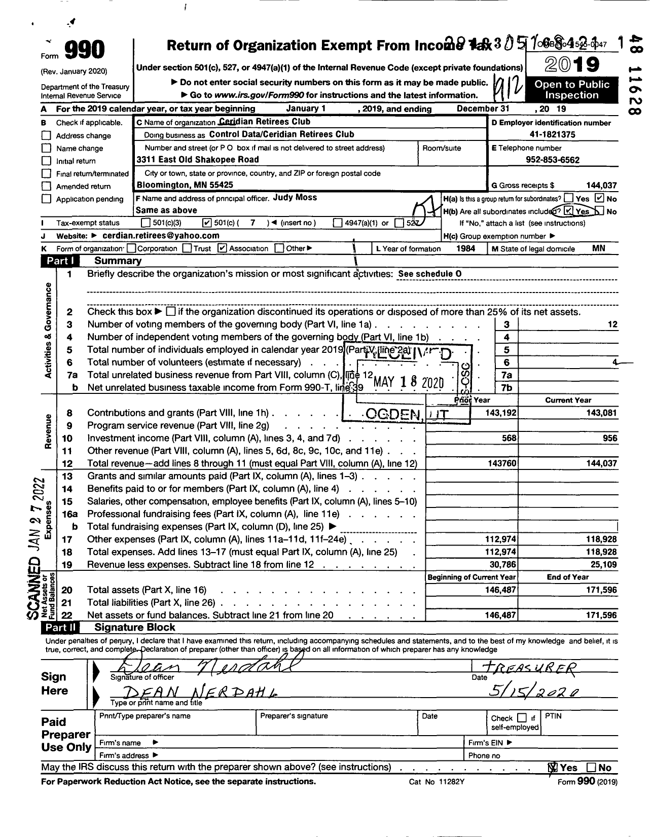 Image of first page of 2019 Form 990O for Ceridian Retirees Club-Twin Cities Chapter