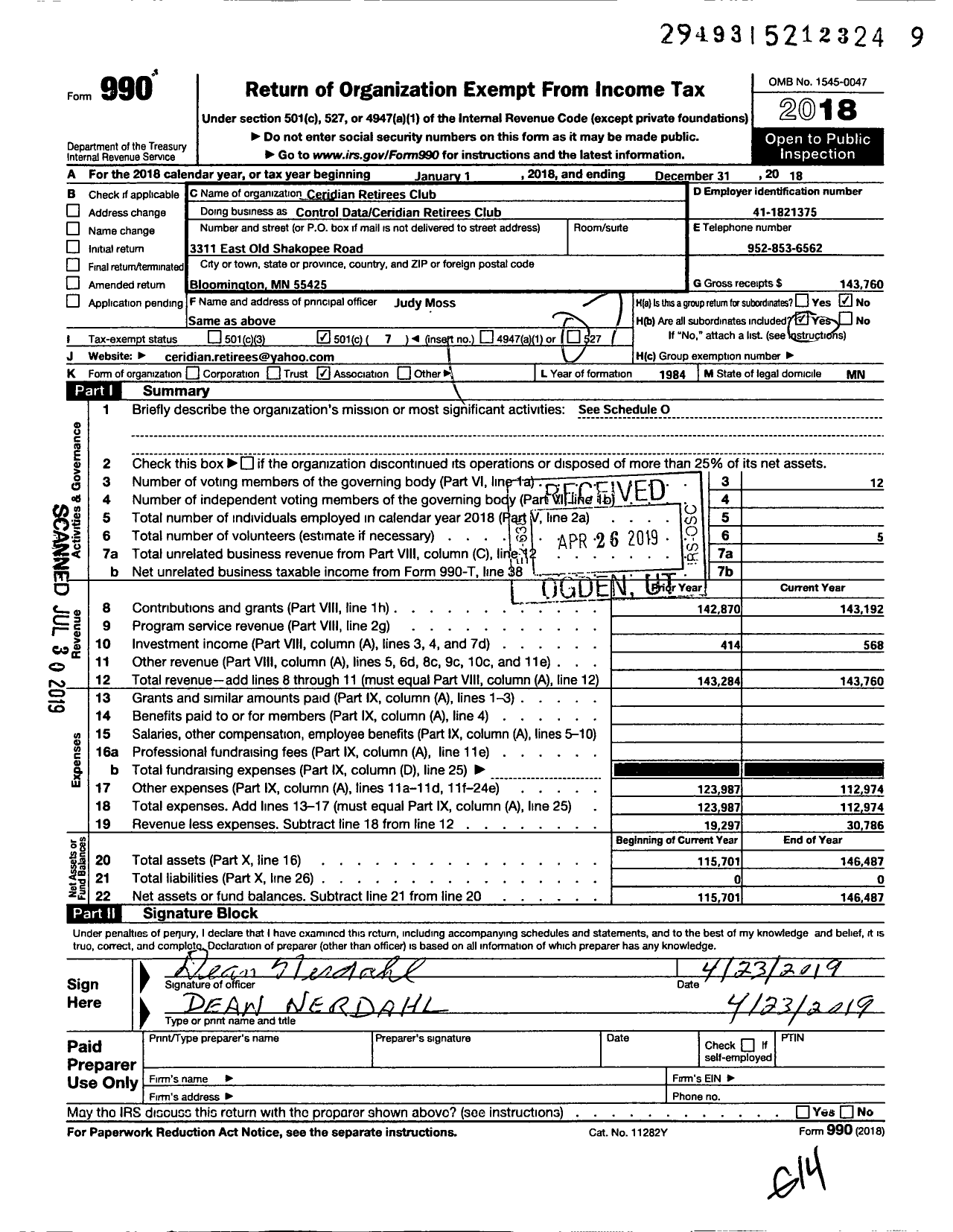 Image of first page of 2018 Form 990O for Ceridian Retirees Club-Twin Cities Chapter