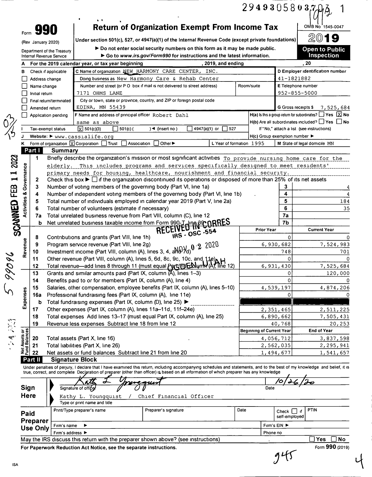 Image of first page of 2019 Form 990 for Harmony Gardens