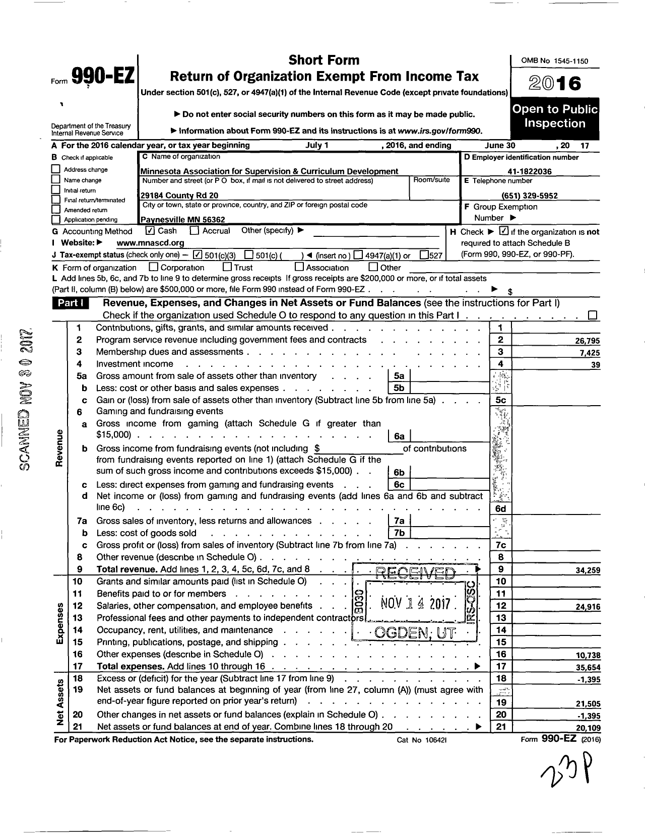 Image of first page of 2016 Form 990EZ for Minnesota Association for Supervision and Curriculum Development