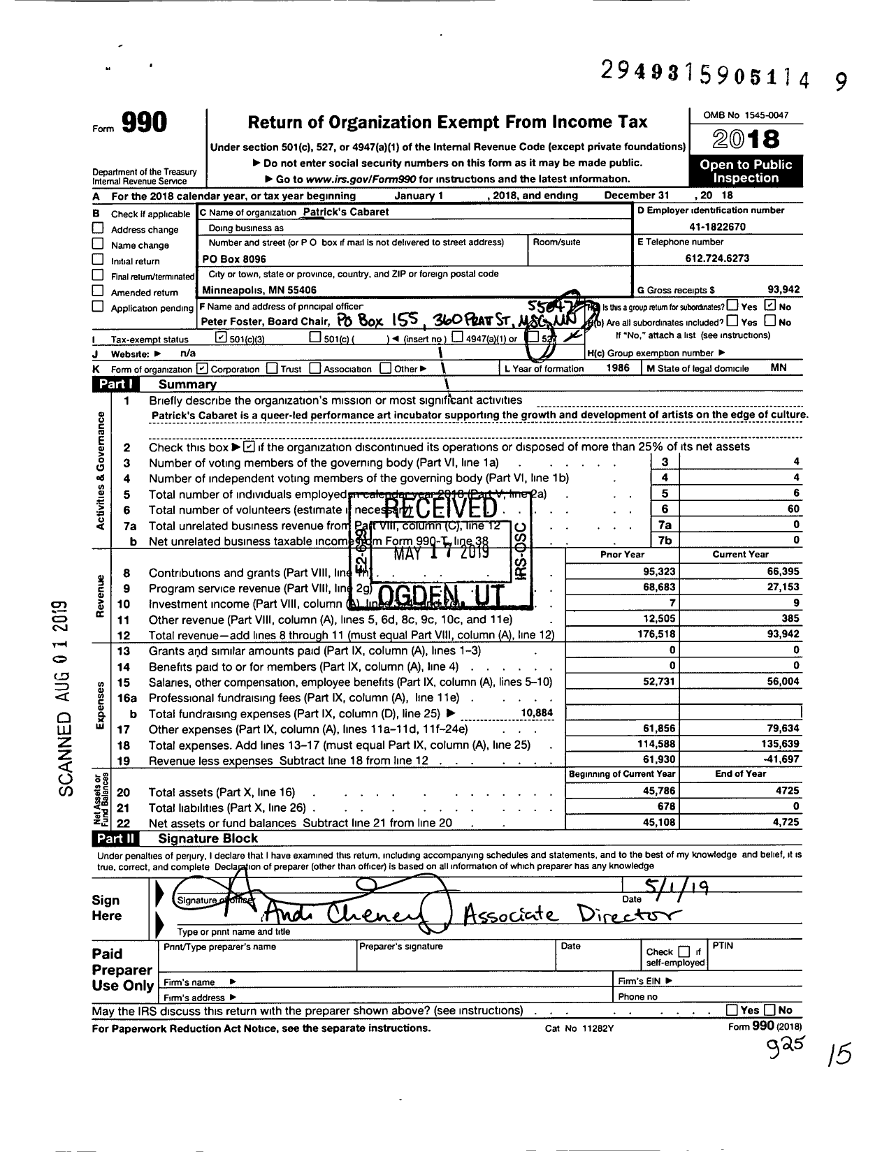 Image of first page of 2018 Form 990 for Patricks Cabaret