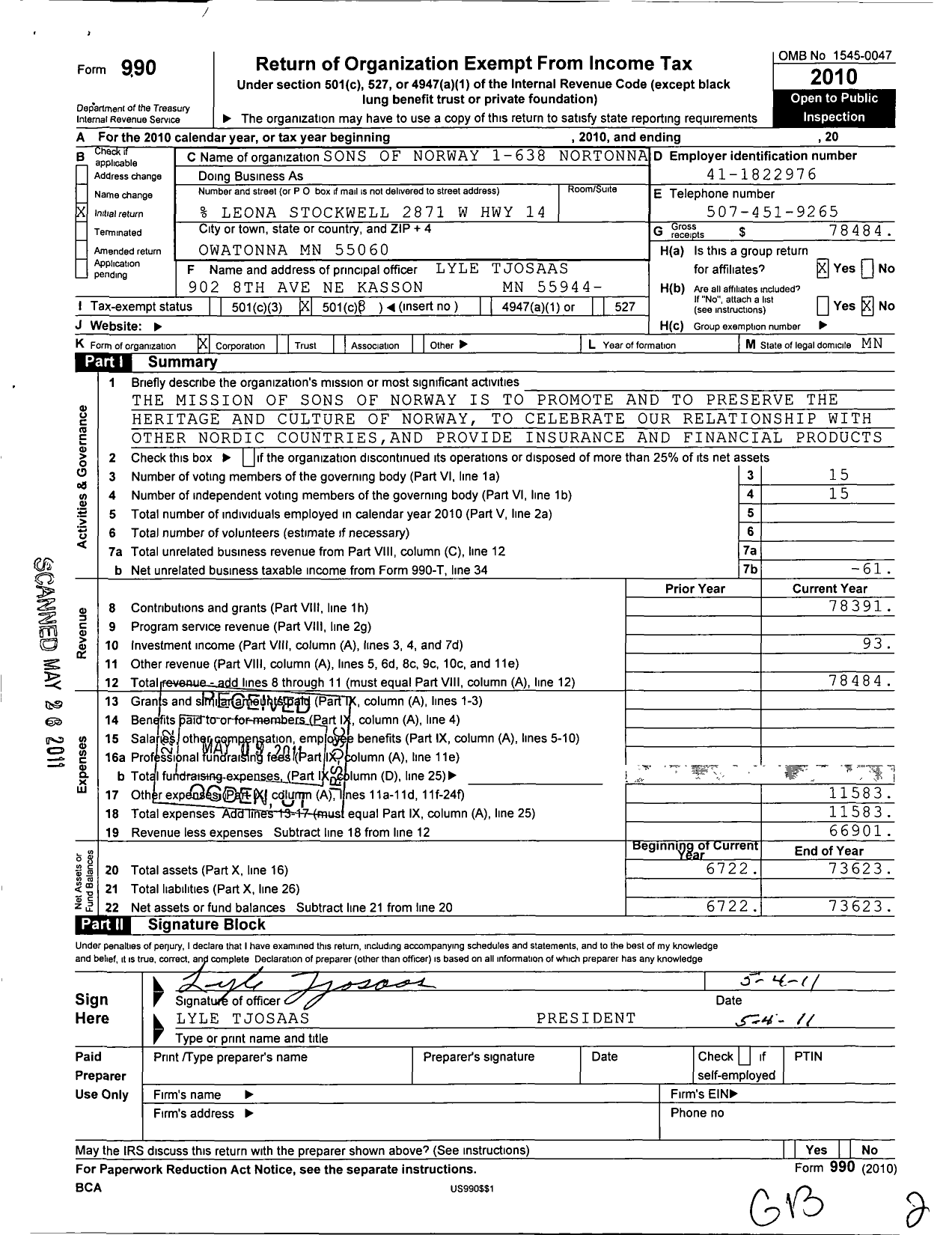 Image of first page of 2010 Form 990O for Sons of Norway - 1-638 Nortonna Lodge