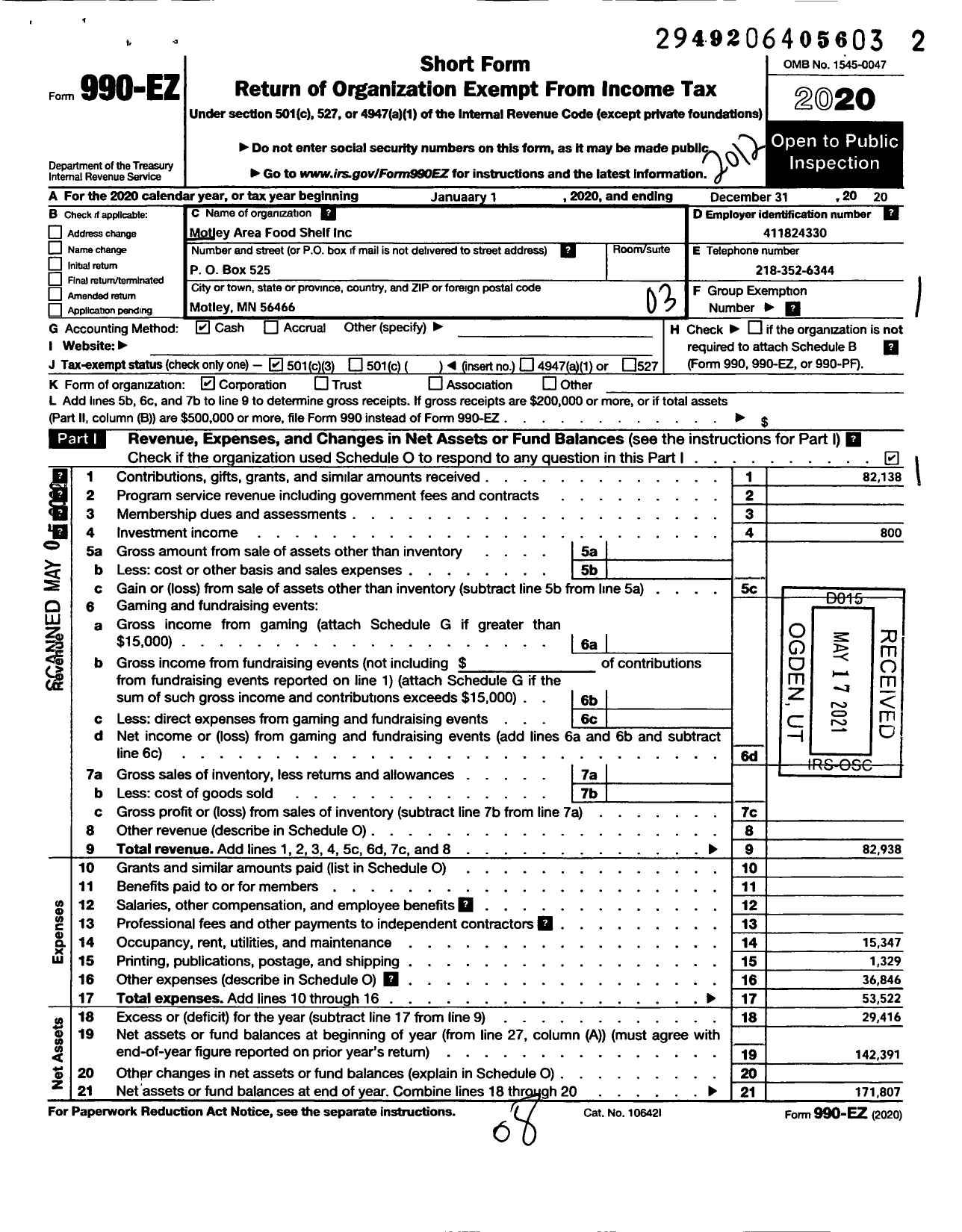 Image of first page of 2020 Form 990EZ for Motley Area Food Shelf