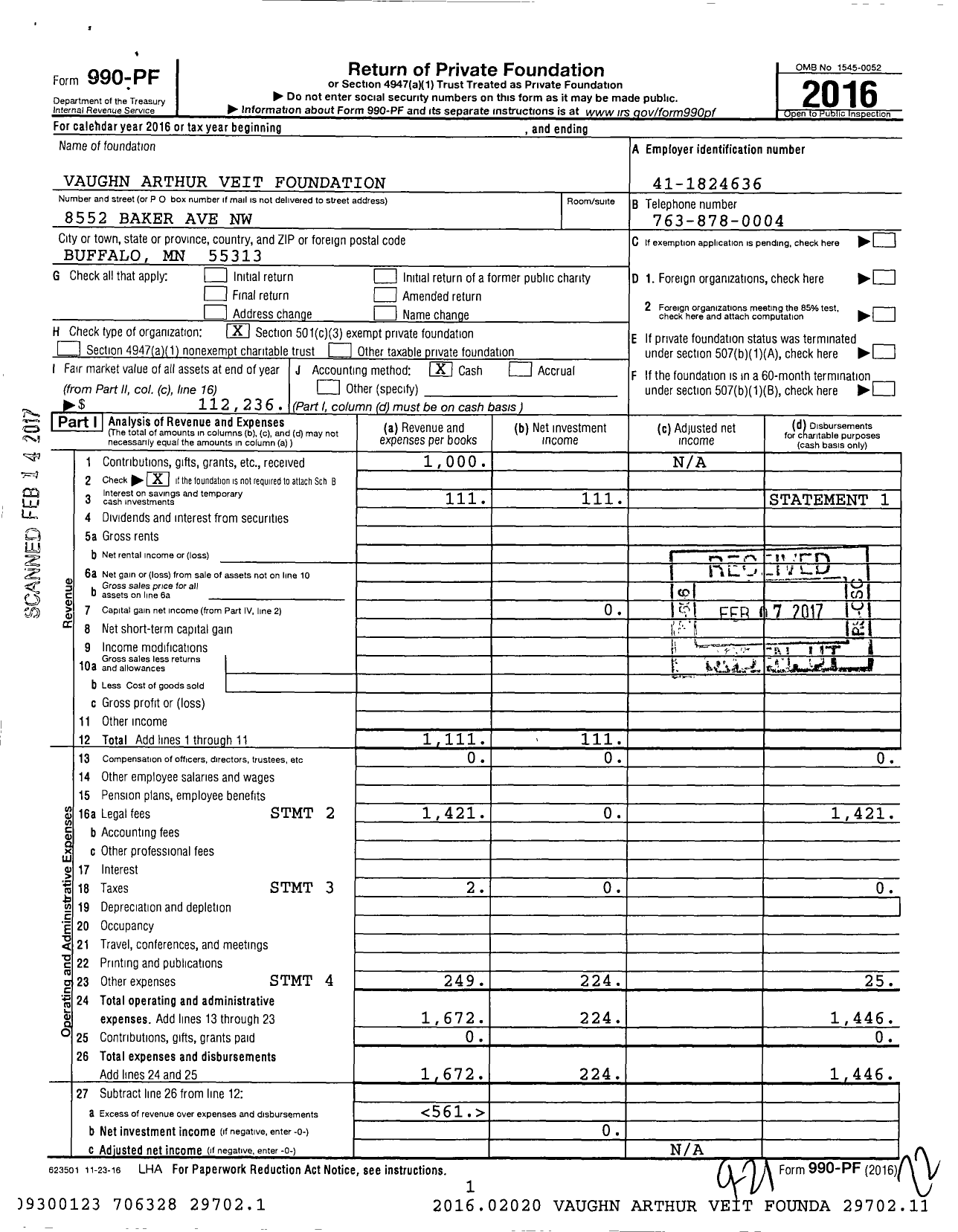 Image of first page of 2016 Form 990PF for Vaughn Arthur Veit Foundation