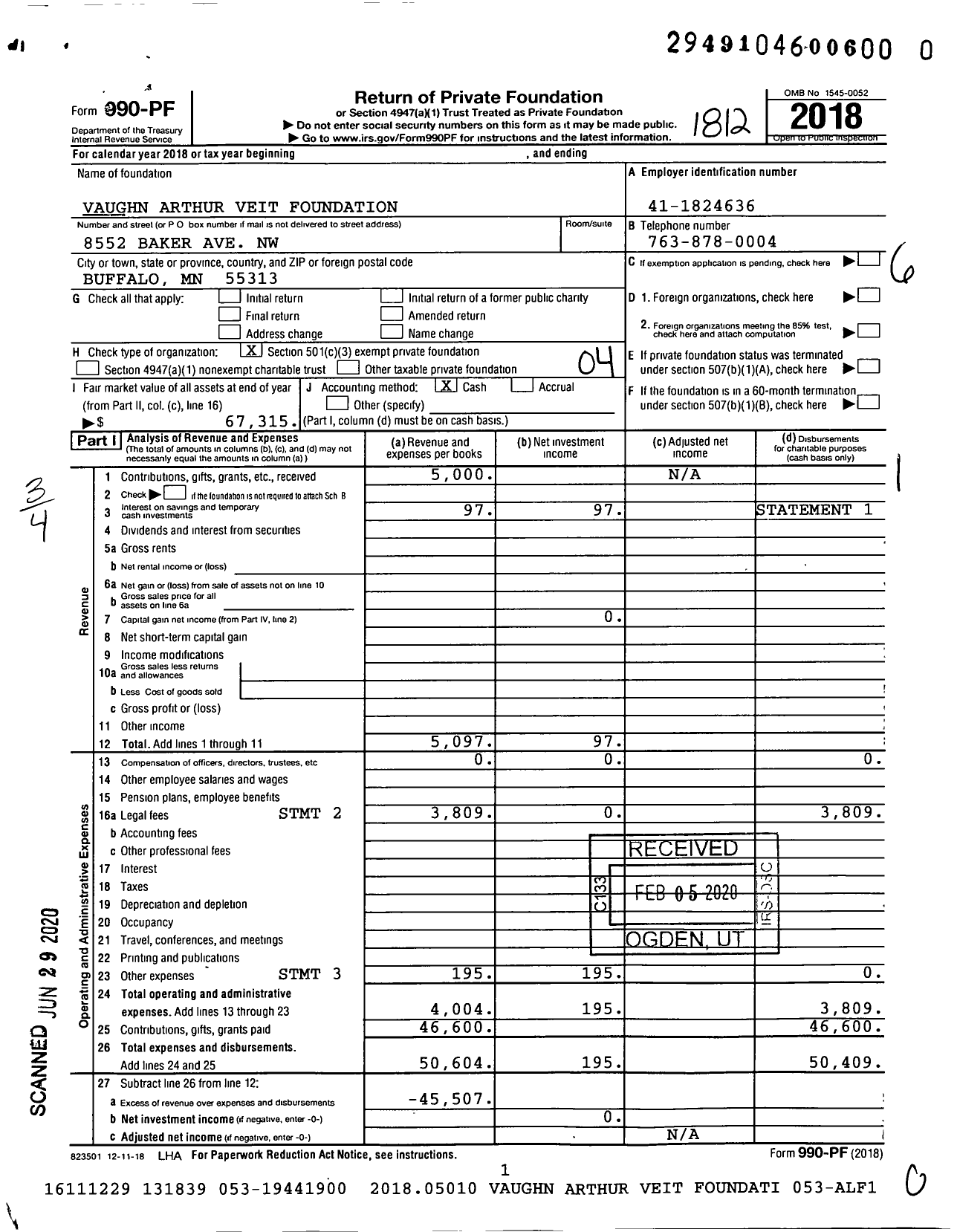 Image of first page of 2018 Form 990PR for Vaughn Arthur Veit Foundation