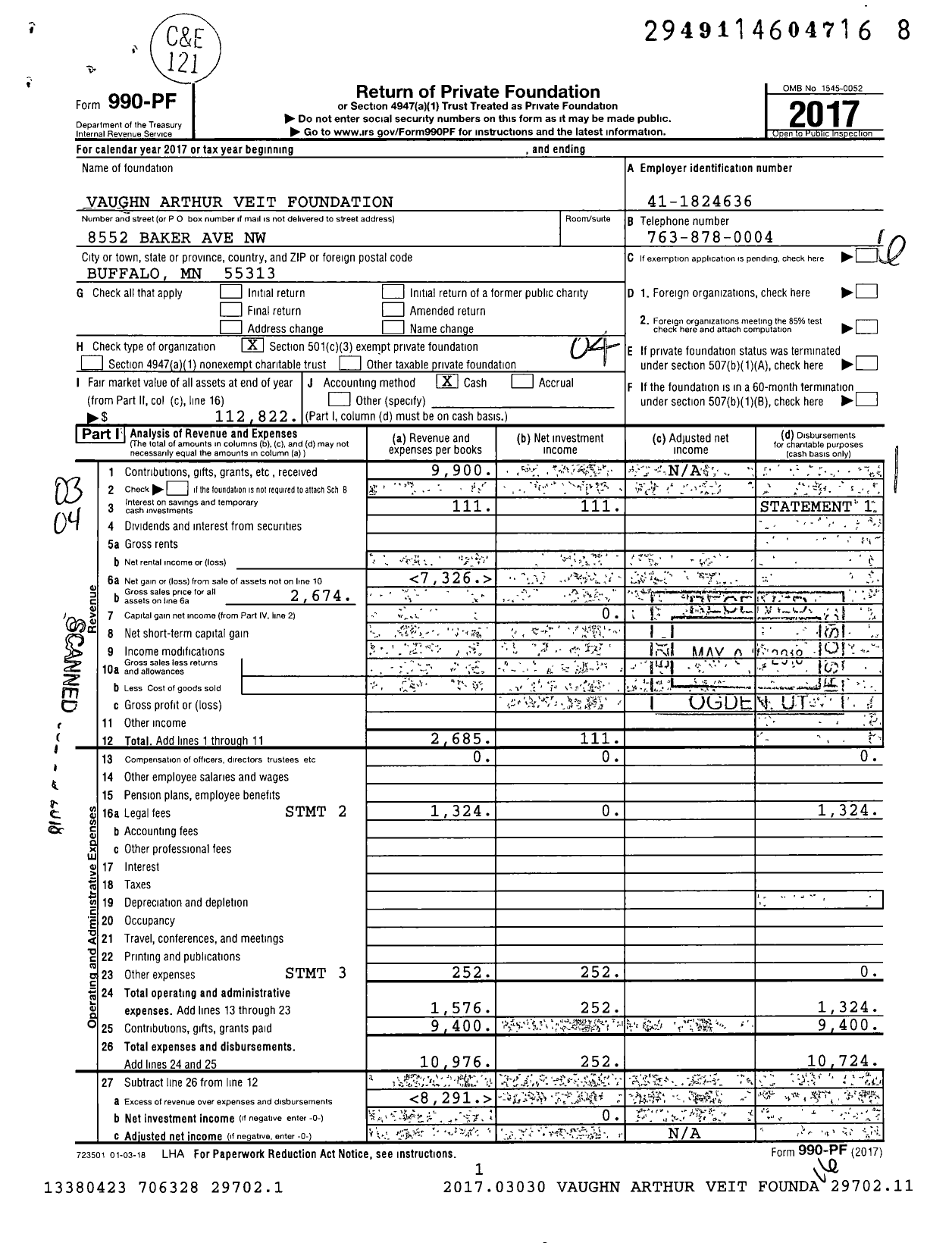 Image of first page of 2017 Form 990PF for Vaughn Arthur Veit Foundation