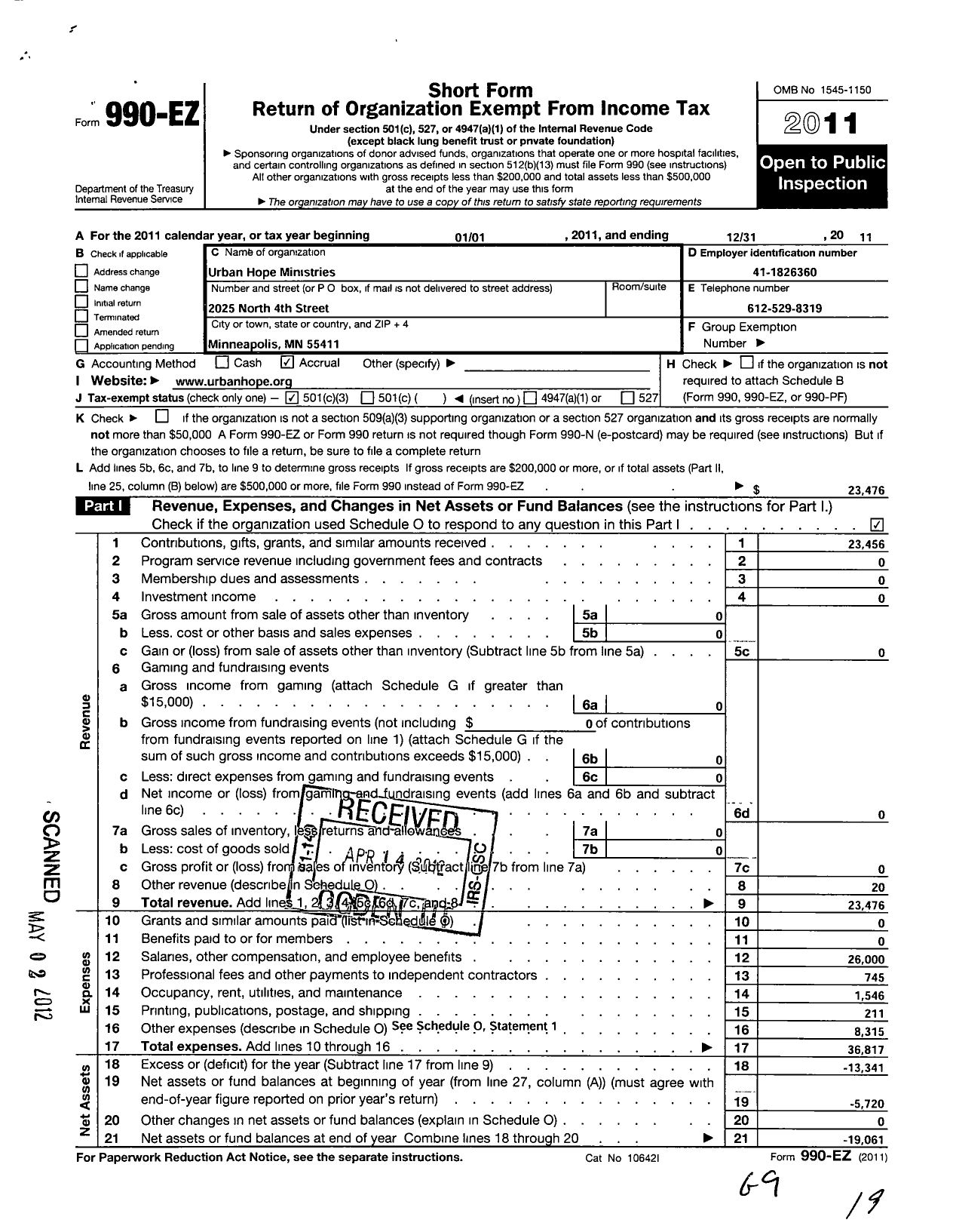 Image of first page of 2011 Form 990EZ for Urban Hope Ministries Inc Jabez Customized Living Services