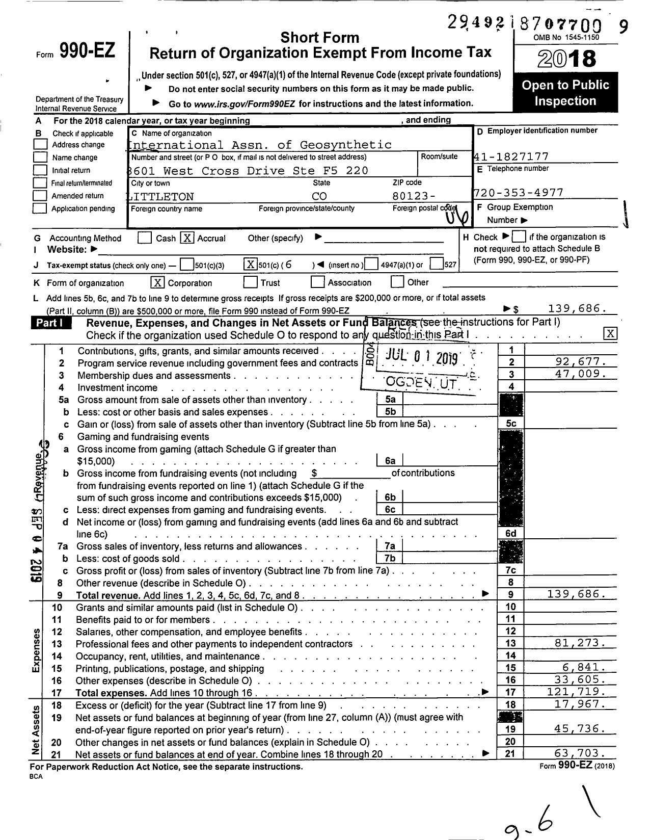 Image of first page of 2018 Form 990EO for International Assn of Geosynthetic Installers