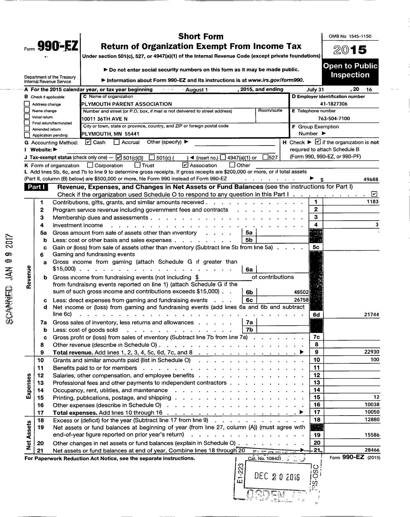 Image of first page of 2015 Form 990EZ for Plymouth Parent Association