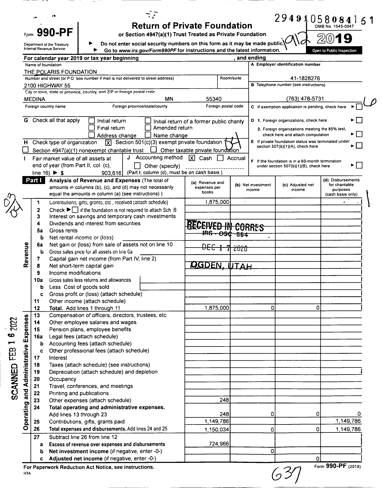 Image of first page of 2019 Form 990PF for The Polaris Foundation