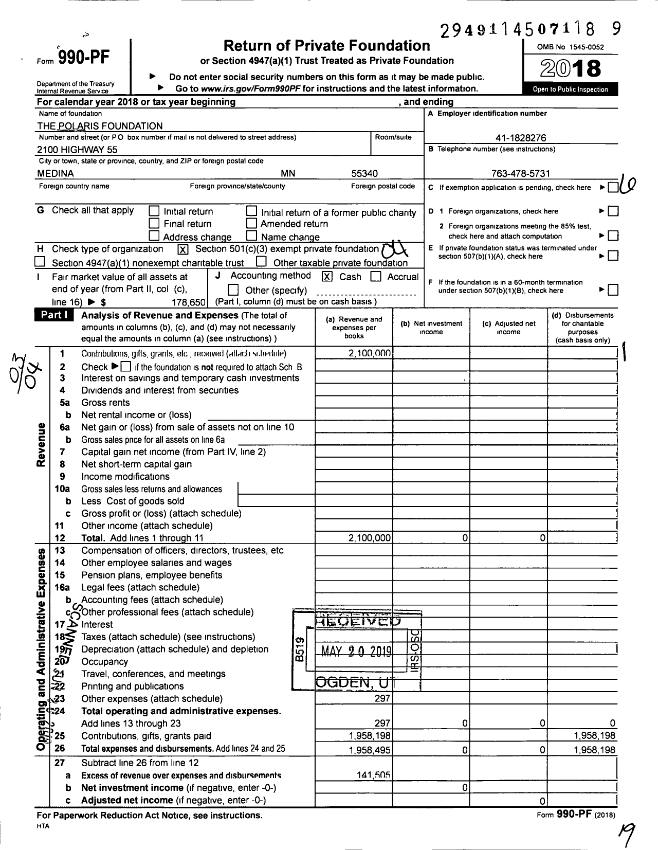Image of first page of 2018 Form 990PF for The Polaris Foundation