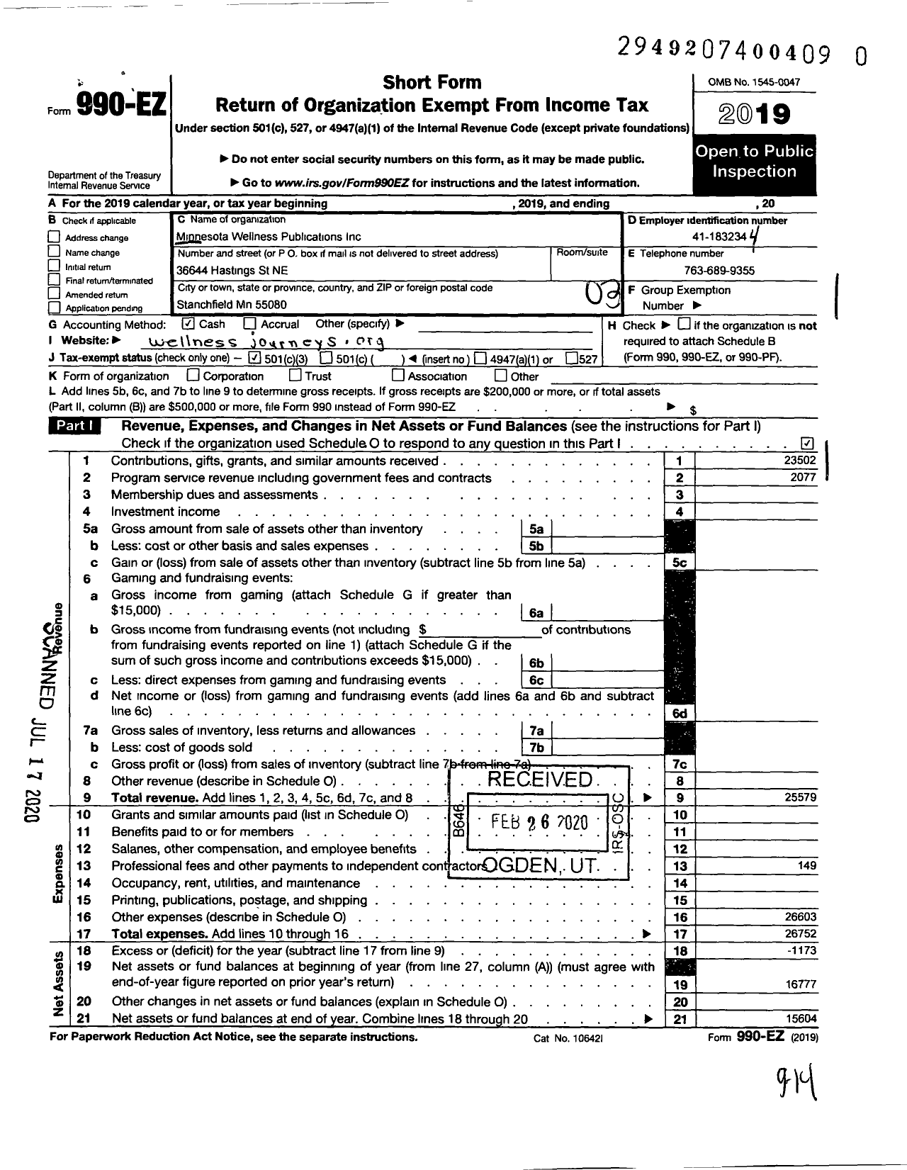 Image of first page of 2019 Form 990EZ for Minnesota Wellness Publications