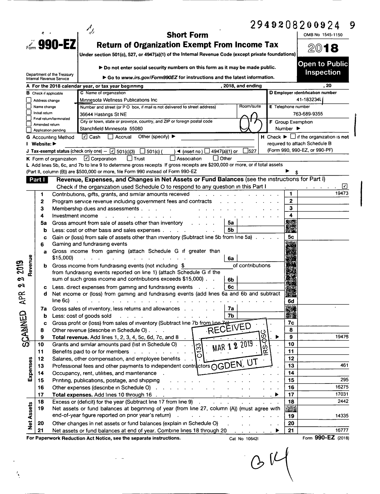 Image of first page of 2018 Form 990EZ for Minnesota Wellness Publications