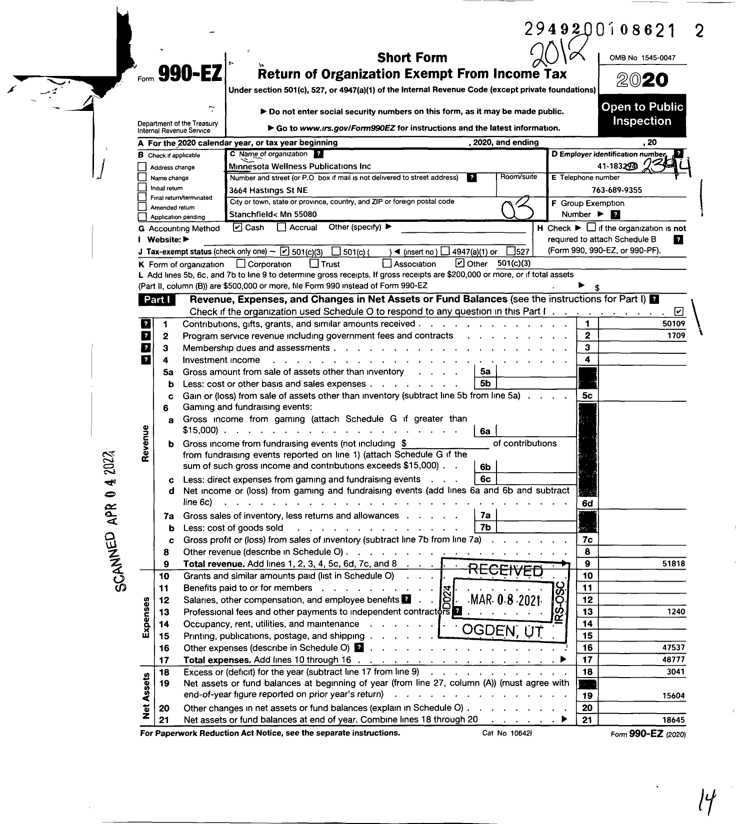 Image of first page of 2020 Form 990EZ for Minnesota Wellness Publications