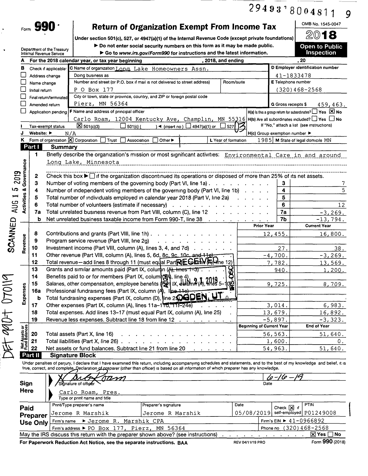 Image of first page of 2018 Form 990 for Long Lake Homeowners Assn