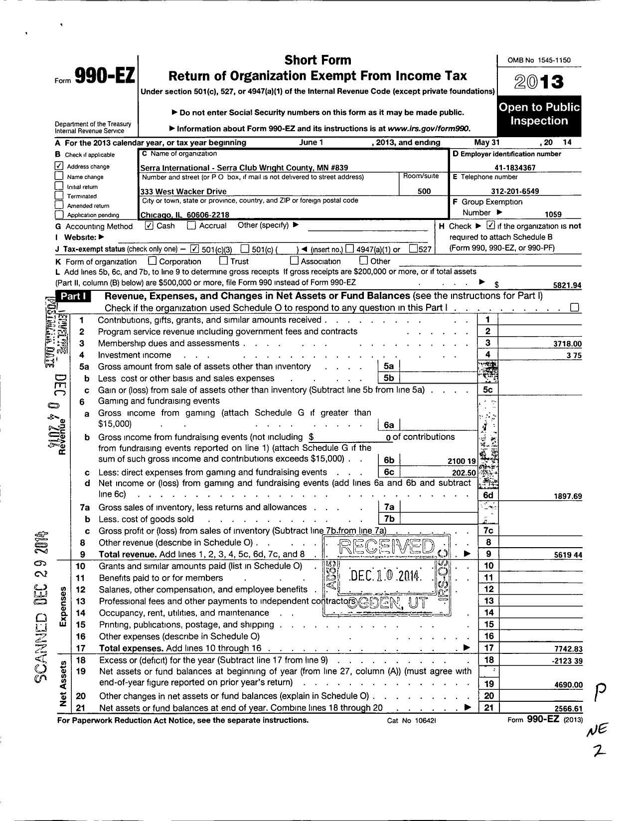 Image of first page of 2013 Form 990EZ for Serra Club of Wright County - 839 Wright County