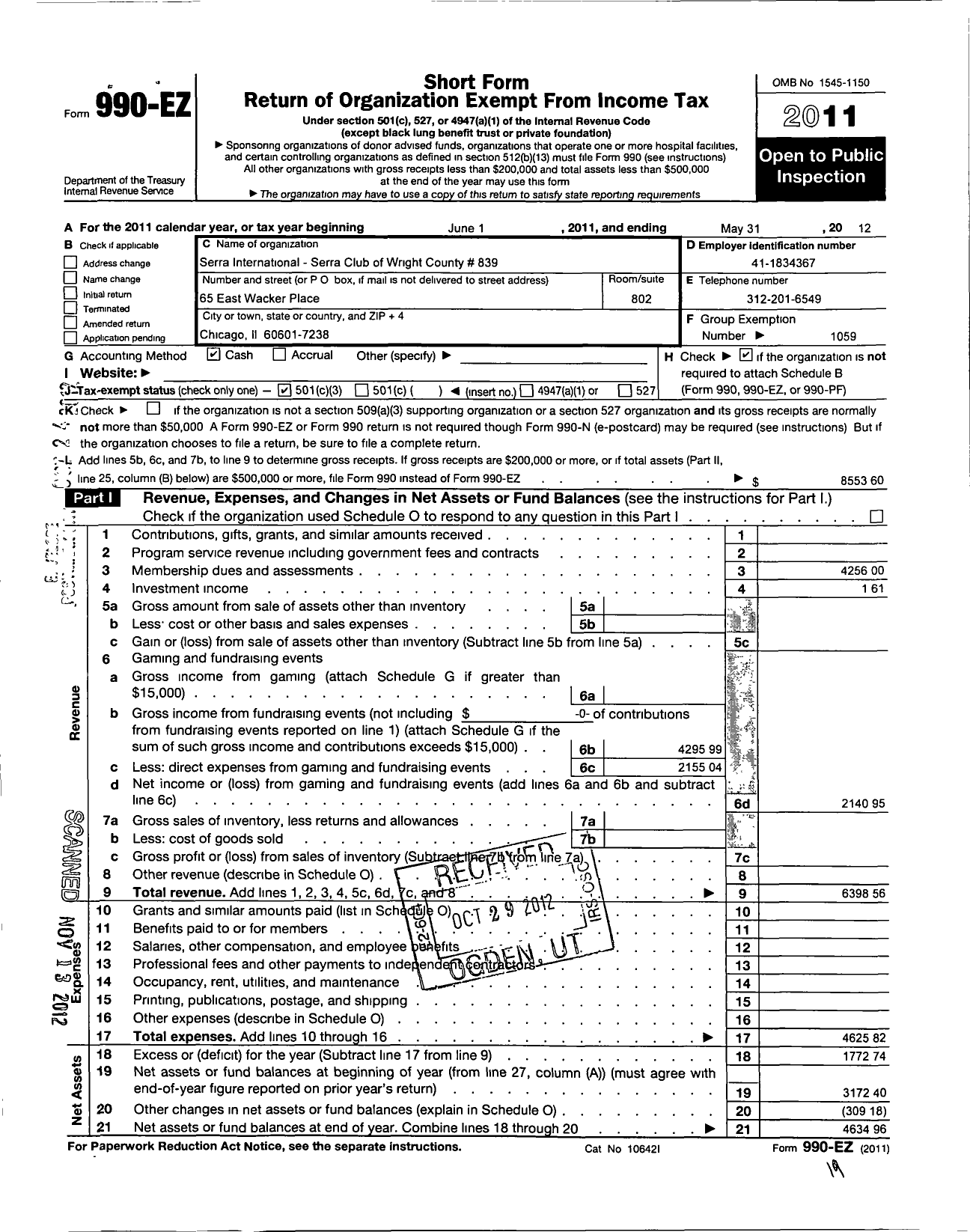 Image of first page of 2011 Form 990EZ for Serra Club of Wright County - 839 Wright County