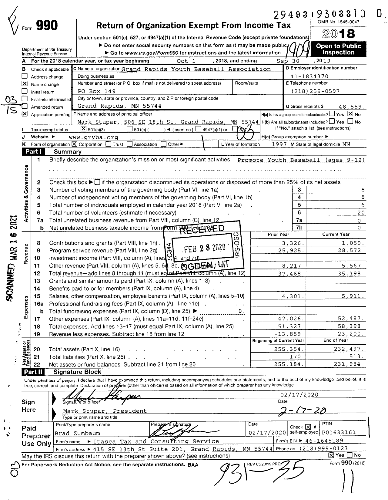 Image of first page of 2018 Form 990 for Itasca Little League Chapter 1230408