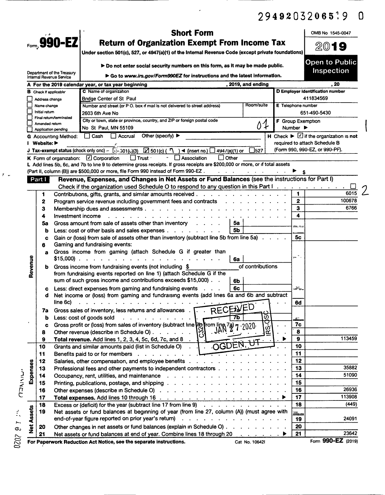 Image of first page of 2019 Form 990EO for Bridge Center of St Paul