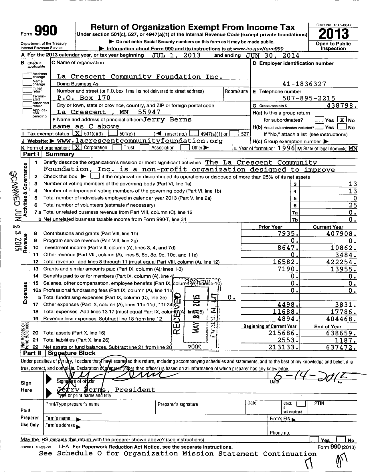 Image of first page of 2013 Form 990 for La Crescent Community Foundation