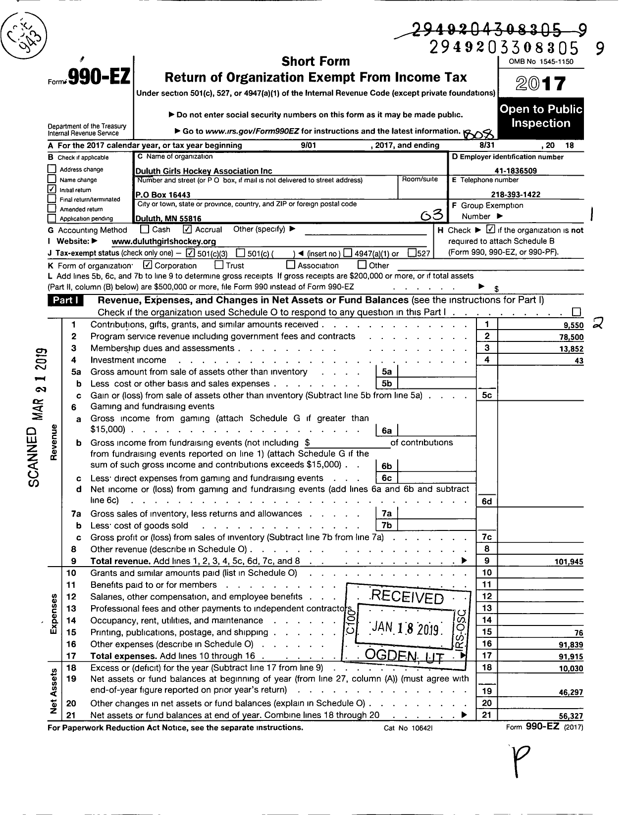 Image of first page of 2017 Form 990EZ for Duluth Girls Hockey Association