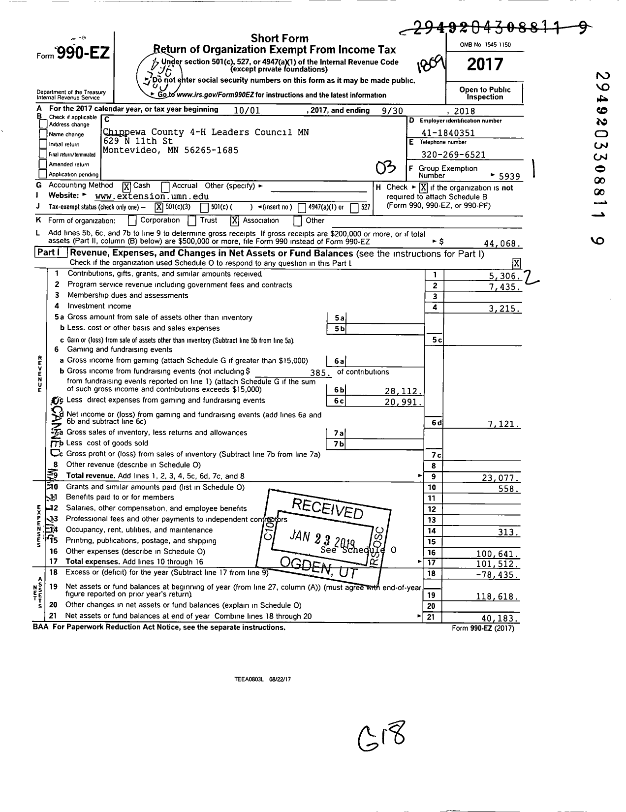 Image of first page of 2017 Form 990EZ for Chippewa County 4-H Leaders Council MN