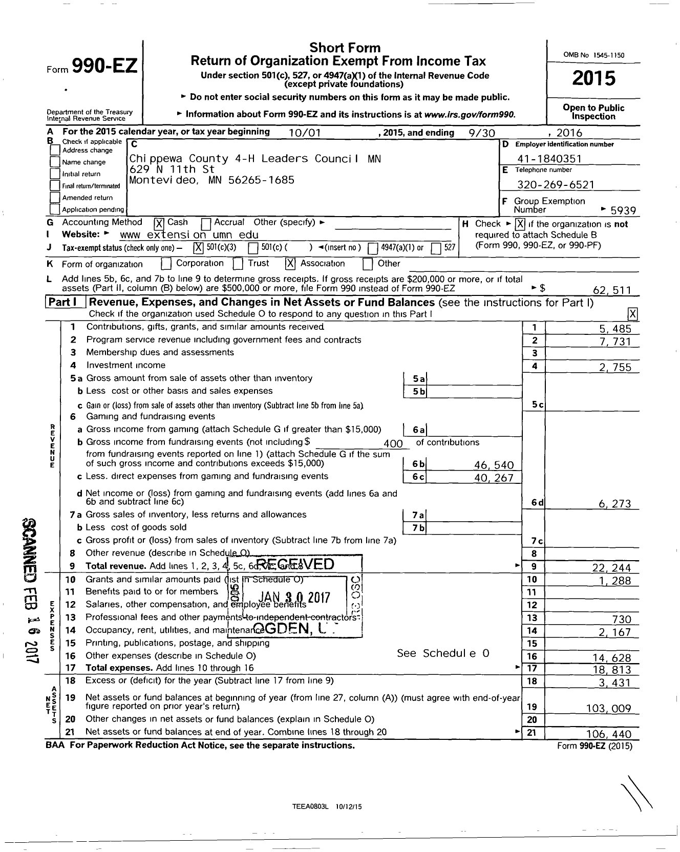 Image of first page of 2015 Form 990EZ for Chippewa County 4-H Leaders Council MN