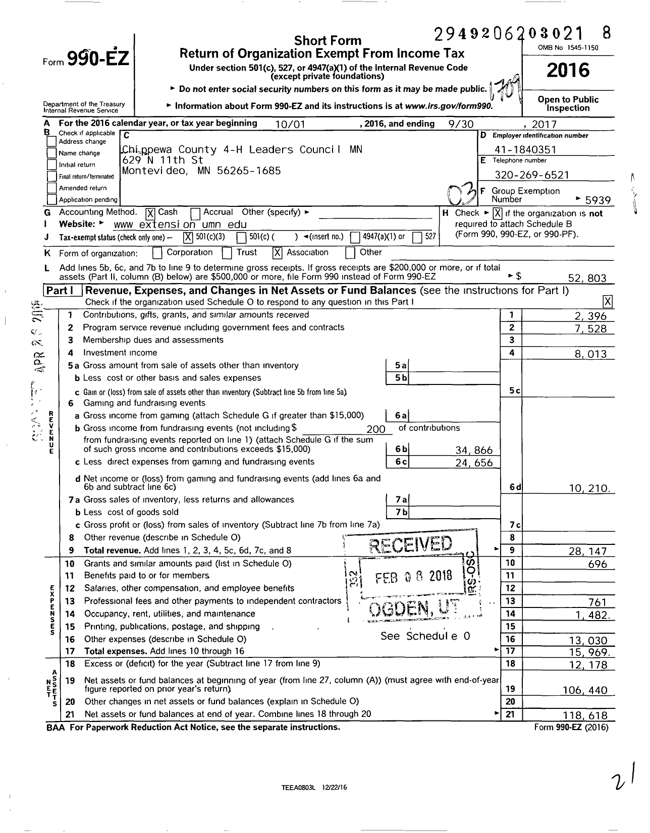 Image of first page of 2016 Form 990EZ for Chippewa County 4-H Leaders Council MN