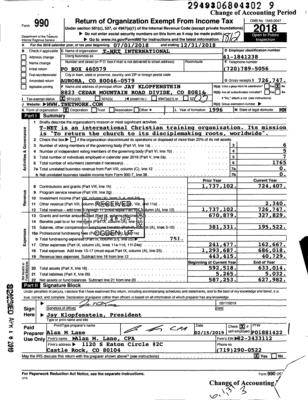 Image of first page of 2018 Form 990 for T-Net International