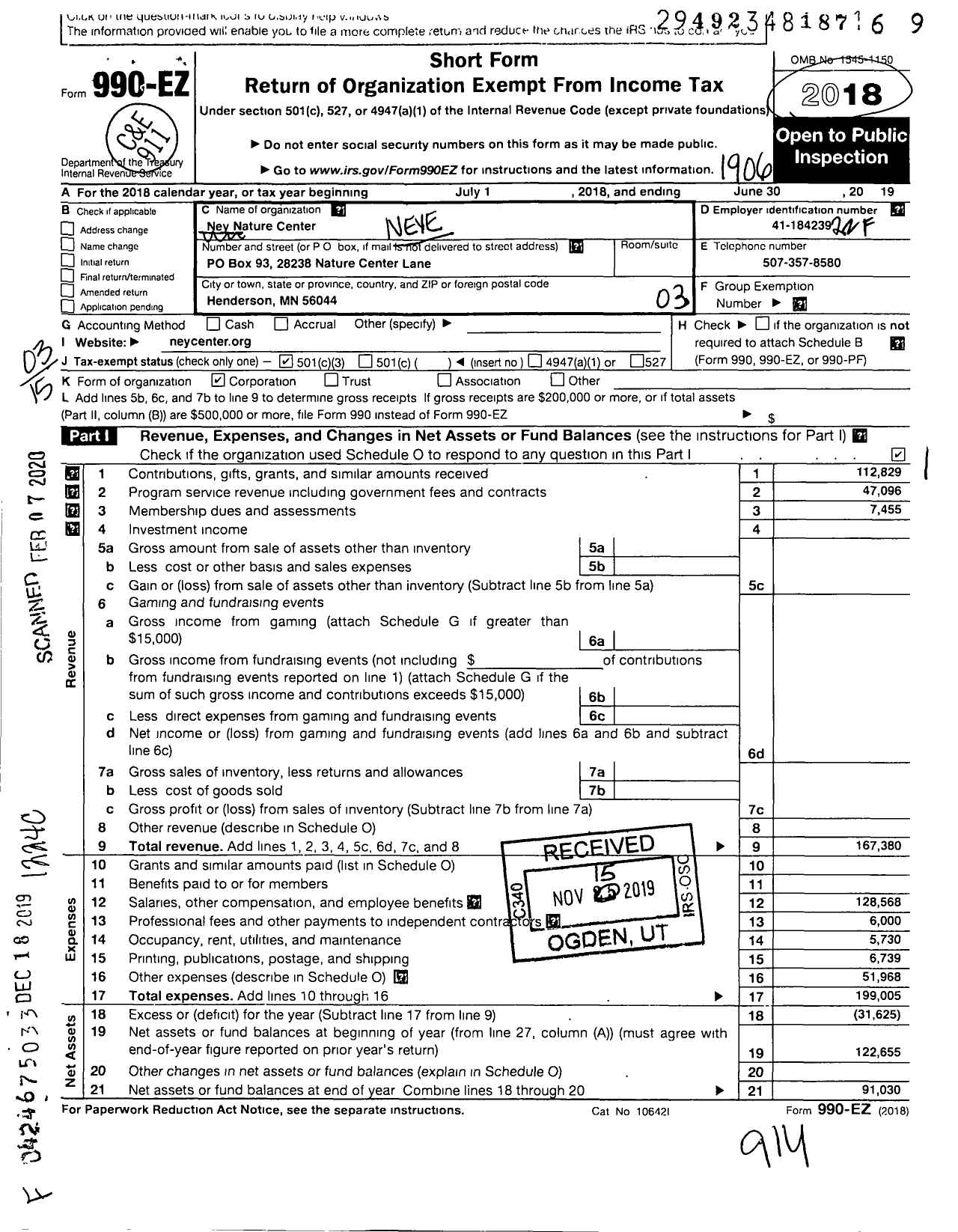 Image of first page of 2018 Form 990EZ for Ney Nature Center