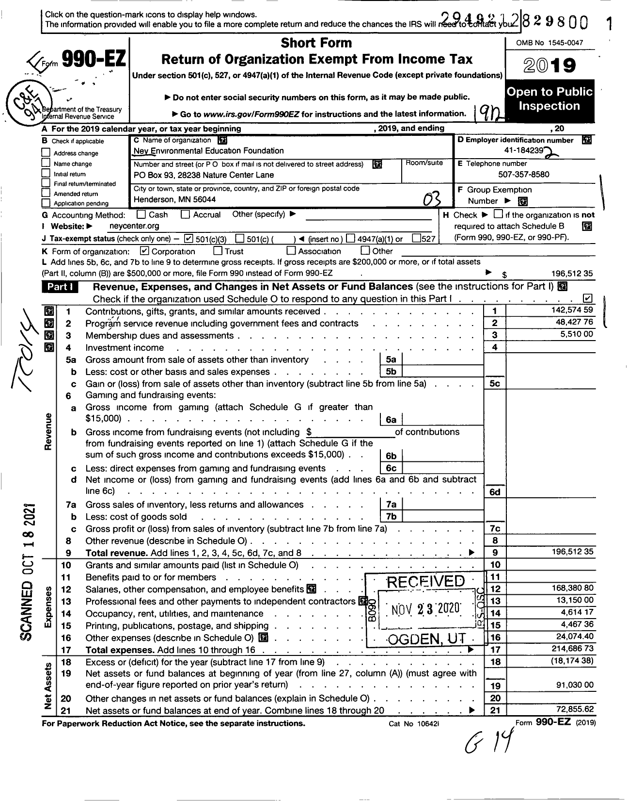 Image of first page of 2019 Form 990EZ for Ney Nature Center