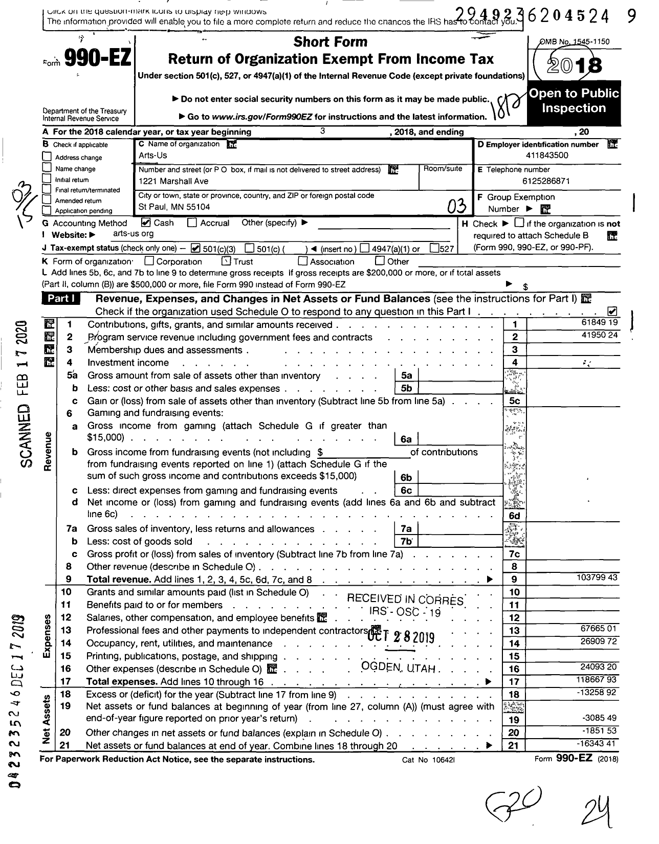 Image of first page of 2018 Form 990EZ for Arts Us