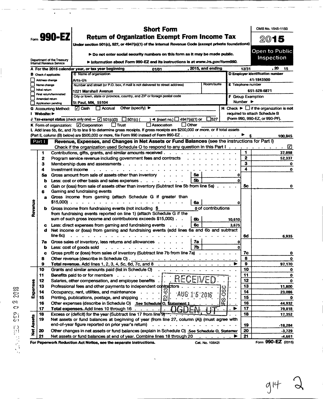 Image of first page of 2015 Form 990EZ for Arts Us