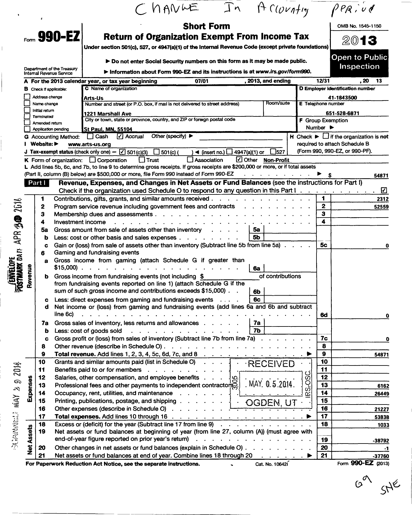 Image of first page of 2013 Form 990EZ for Arts Us