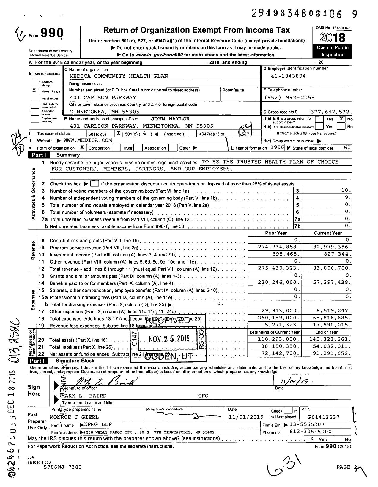 Image of first page of 2018 Form 990O for Medica Community Health Plan