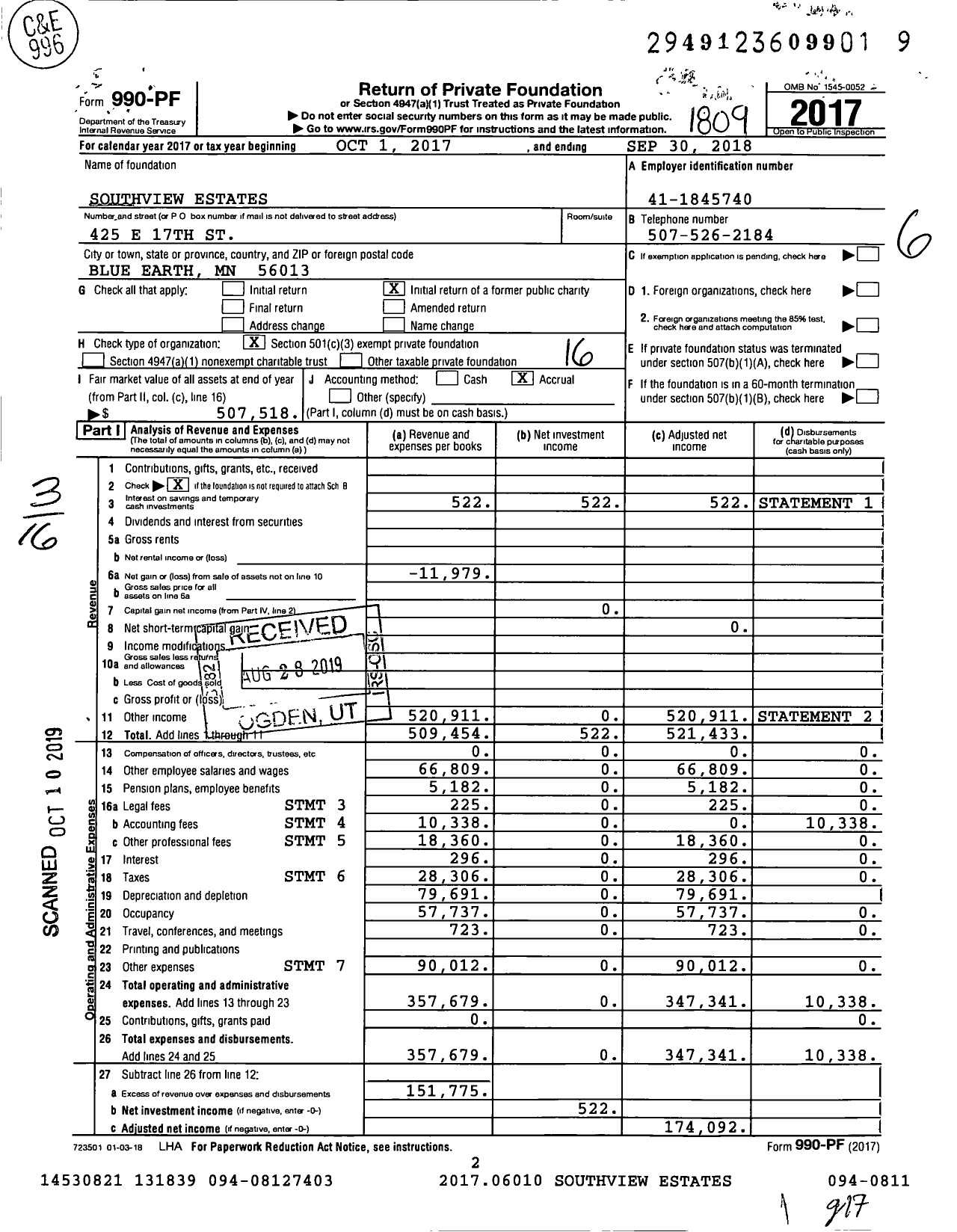 Image of first page of 2017 Form 990PF for Southview Estates