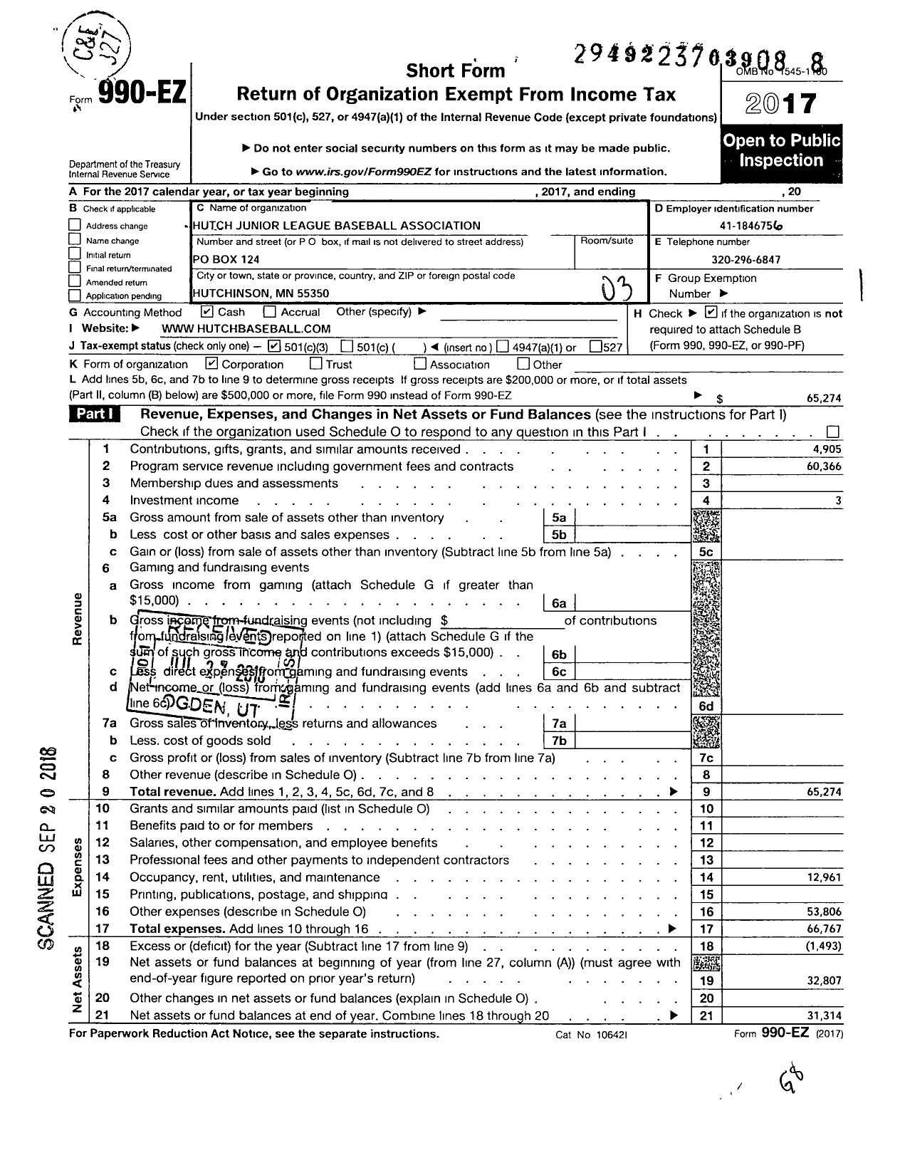 Image of first page of 2017 Form 990EZ for HUTCHINSON Junior LEAGUE BASEBALL ASSociation