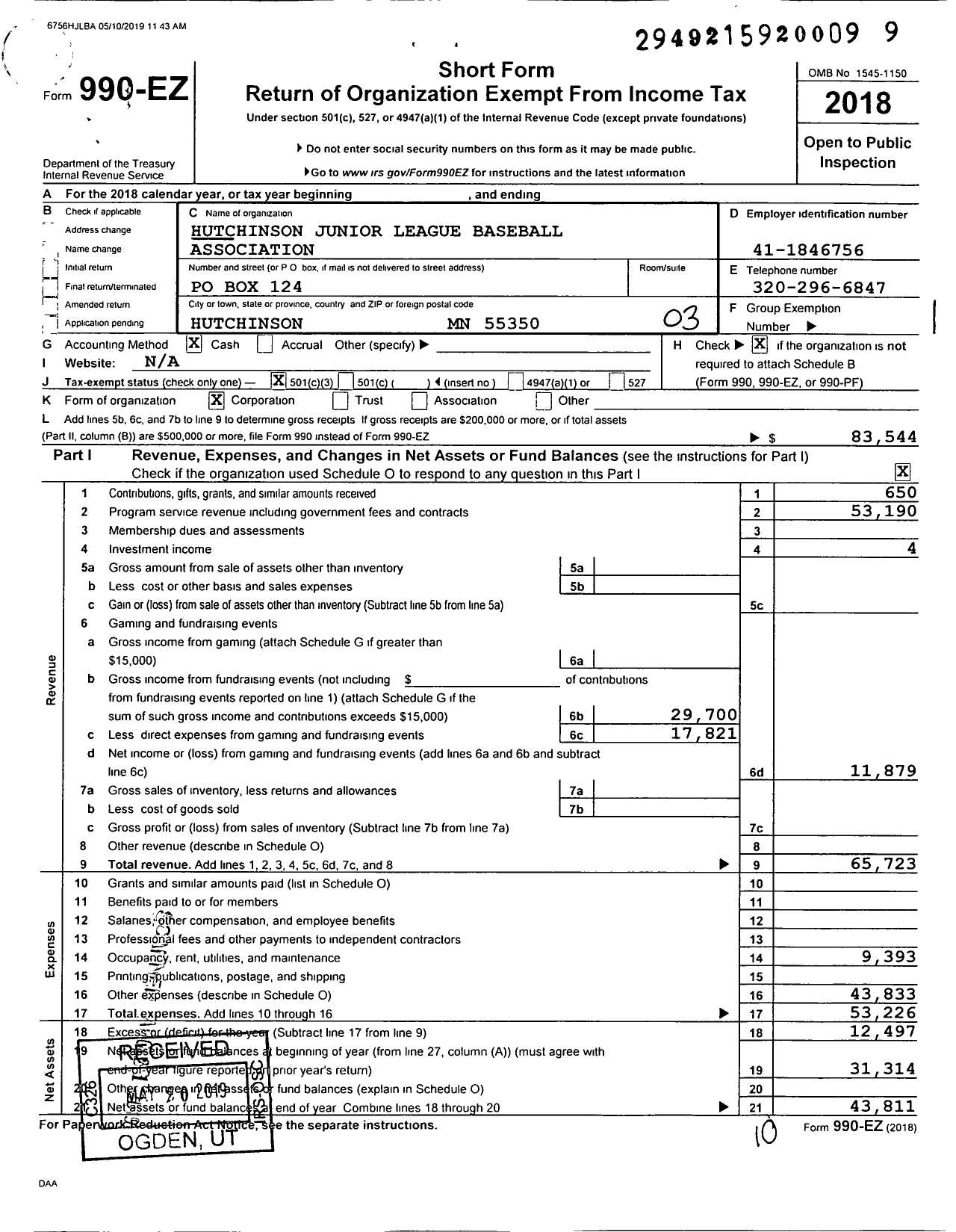 Image of first page of 2018 Form 990EZ for HUTCHINSON Junior LEAGUE BASEBALL ASSociation