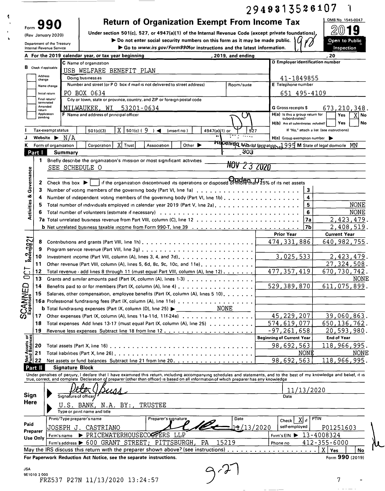 Image of first page of 2019 Form 990O for Usb Welfare Benefit Plan