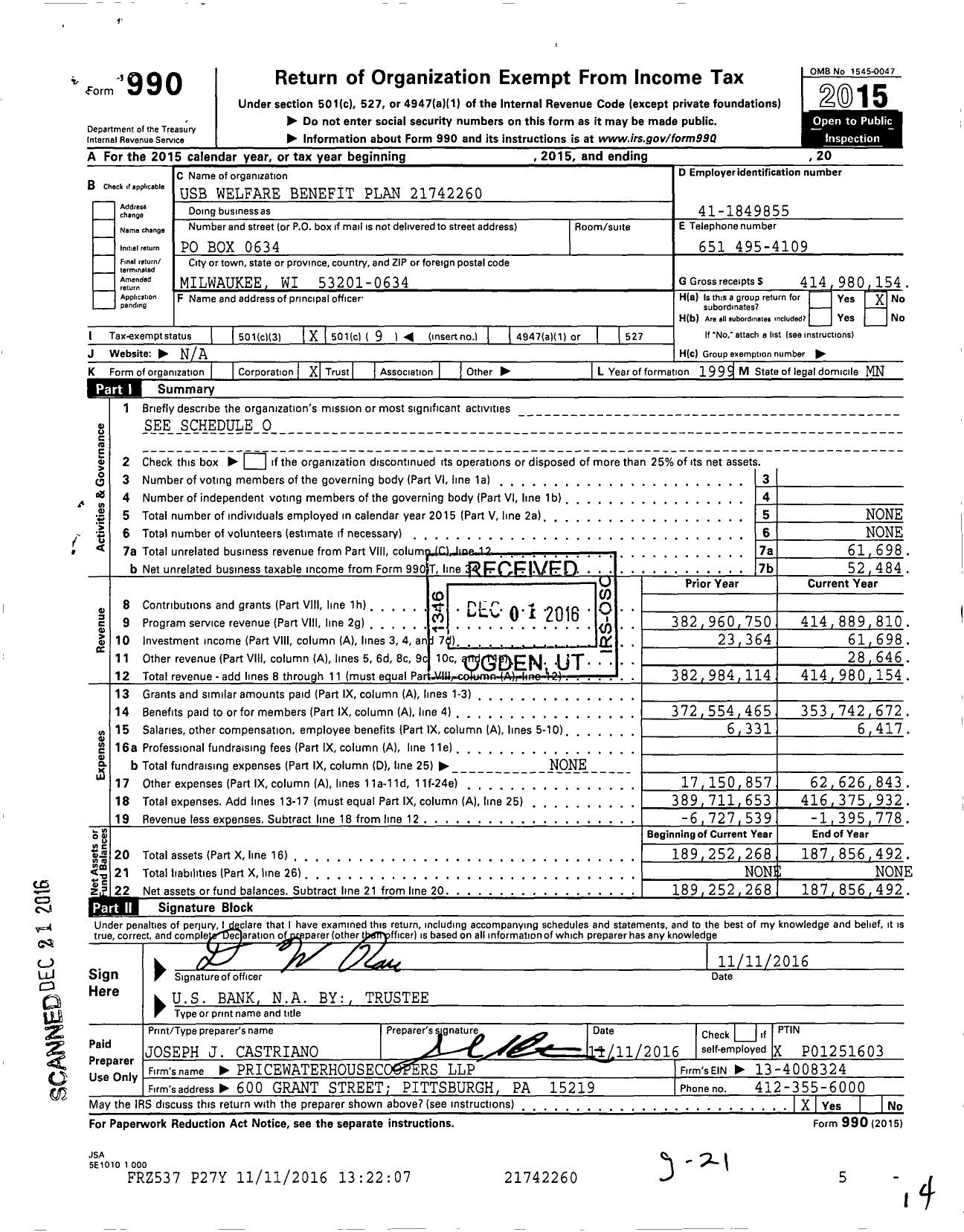 Image of first page of 2015 Form 990O for Usb Welfare Benefit Plan