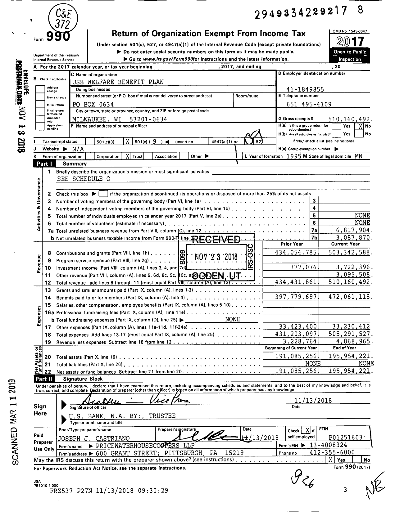 Image of first page of 2017 Form 990O for Usb Welfare Benefit Plan