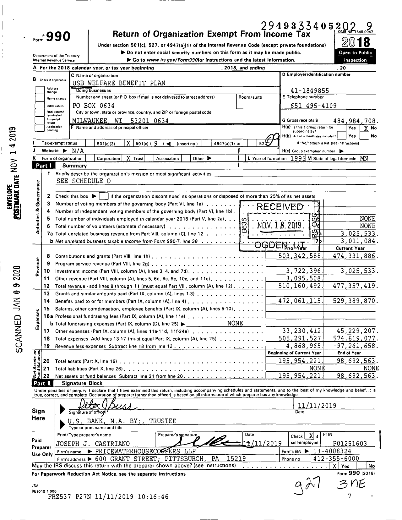 Image of first page of 2018 Form 990O for Usb Welfare Benefit Plan