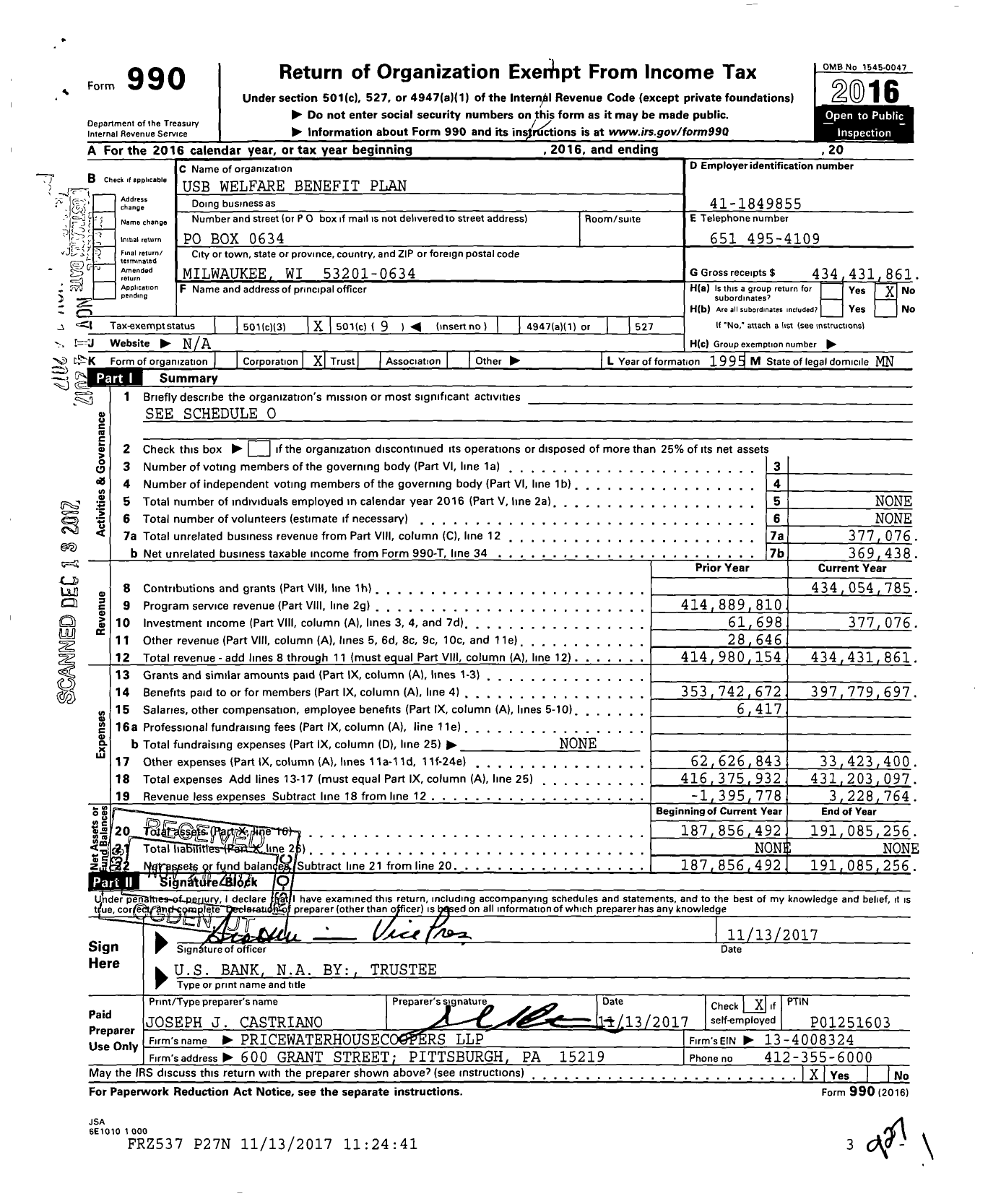 Image of first page of 2016 Form 990O for Usb Welfare Benefit Plan