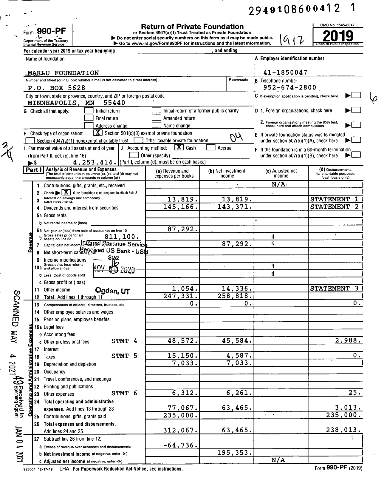 Image of first page of 2019 Form 990PF for Marlu Foundation